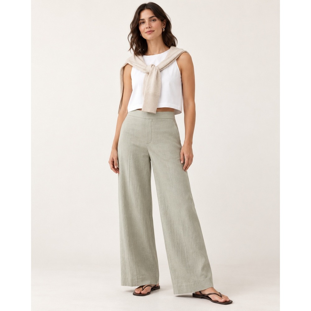 Banana Republic Women Wide Leg High Rise Pants L Green Linen Blend Casual Work